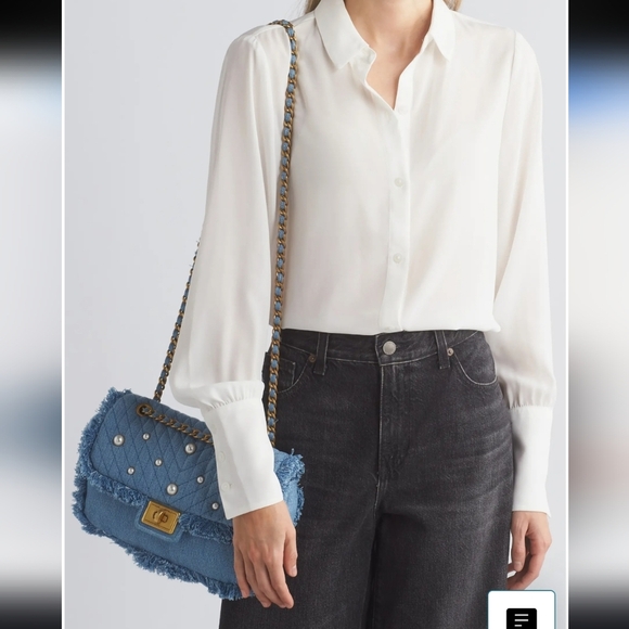 KARL LAGERFELD Agyness Quilted Pearl Chain Fringe Edge Denim Shoulder Bag - Picture 9 of 13